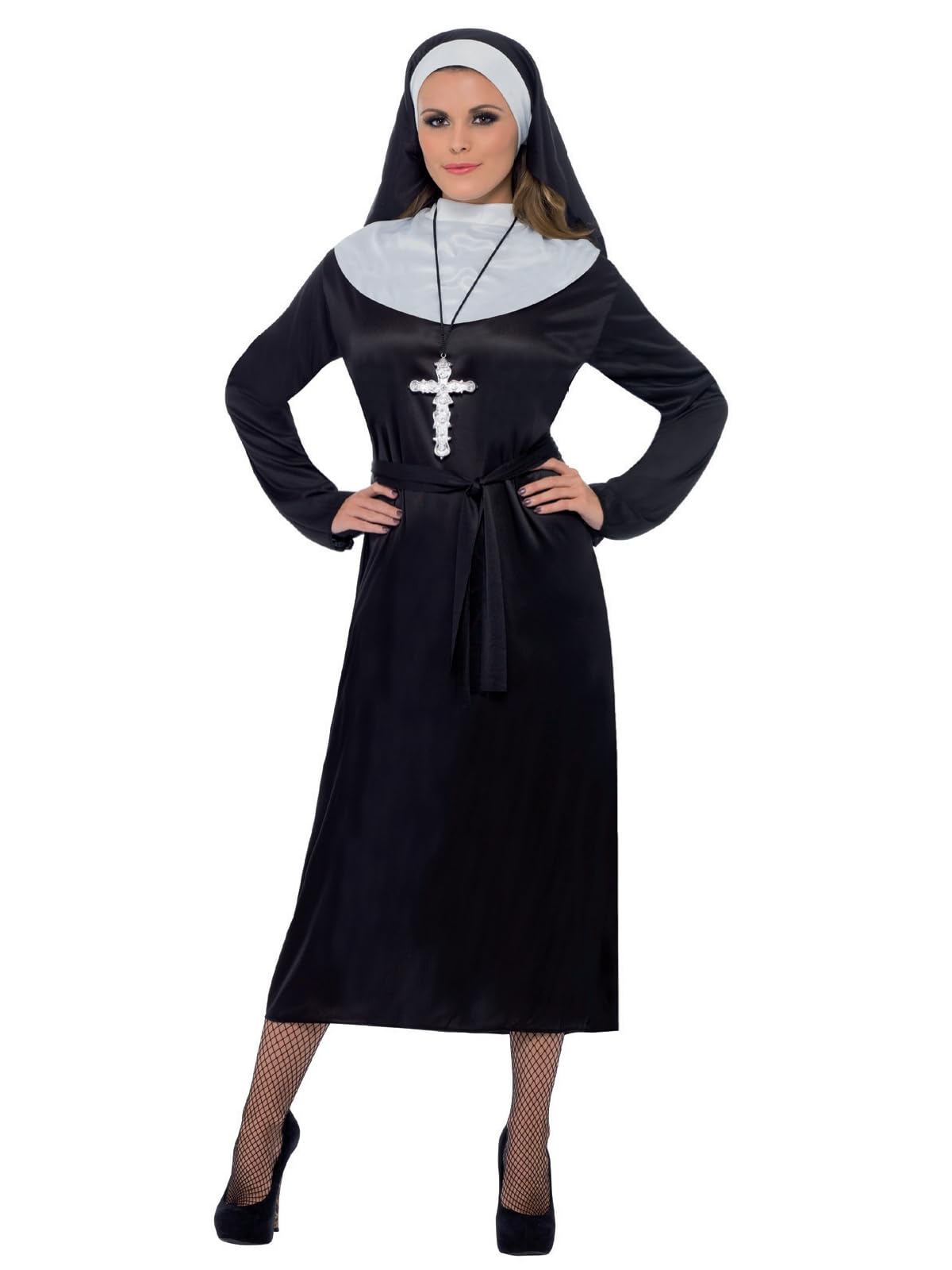Smiffys Nun Costume for Women, Black and White Religious Fancy Dress Outfit Featuring Full-Length Dress, Belt, and Headdress, Classic Saints Sinners Halloween Adults Fancy Dress Parties, XLarge