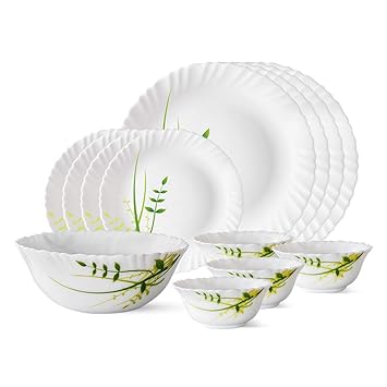 Larah by Borosil Green Herbs Opalware Dinner Set, 13-Pieces, White