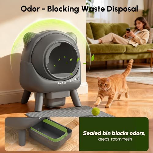 Cavrtbany Automatic Cat Litter Box, Self Cleaning Litter Box, Robot Litter Box for Multiple Cats, Litiere Pour Chat Autonettoyant, with Smart APP Control and 5 Safety Sensors, with Trash Bags, Gray