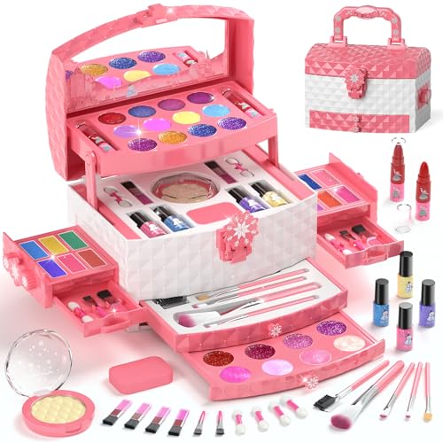 PERRYHOME Kids Makeup Set for Girl Washable Real Cosmetic, Safe & Non-Toxic Toddler Makeup Kit, Princess Dress up Kit Christmas & Birthday Girl Gift for 3-12