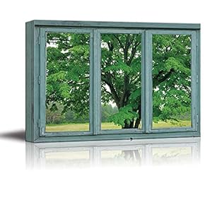Canvas Wall Art - 3 Frame Window Looking at a Green Tree in a Field - Giclee Print Gallery Wrap Modern Home Art Ready to Hang - 24x36 inches