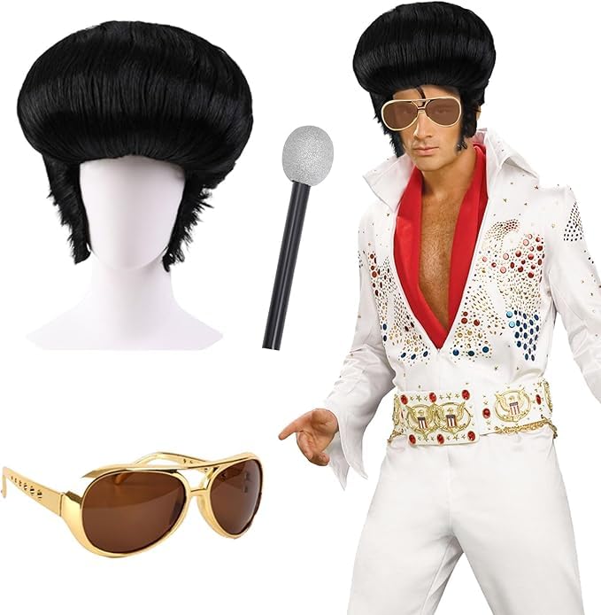 3 Pcs 50s Rocker Legend Elvis Wig Set with Glasses and Inflatable Microphone, 60s Rock n Roll Singer Accessories for Disco Party Halloween Party