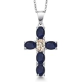 Gem Stone King 925 Sterling Silver Blue Sapphire and Peach Morganite Cross Pendant Necklace for Women | 3.28 Cttw | Gemstone September Birthstone | Oval 6X4MM | With 18 Inch Chain