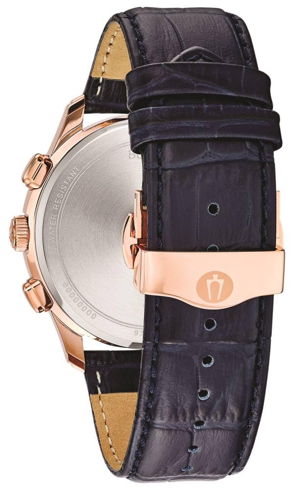 Bulova Men's Classic Wilton 3-Hand Chronograph Watch, Luminous Hands, Roman Numeral Markers Domed Mineral Crystal, 43mm, Blue Strap/ Rose Gold