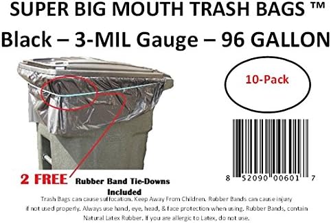 96 Gallon Super Big Mouth Trash Bags 10-Pack Plus 2 Free Rubber Tie Down Band
