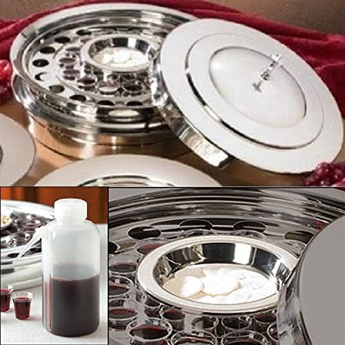 Stackable Communion Tray with Center Bread Plate, Communion Cup Filler & Tray Cover - Stainless Steel Silver Finish
