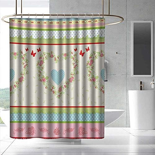 Shabby Chic Shower Curtain Country Style Roses and Borders Butterflies Ants Heart Shapes and Polka Dots Fabric Shower Curtain Bathroom W48 x L72 Multicolor