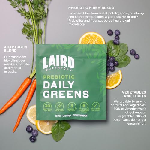 Laird Superfood Prebiotic Daily Greens Powder – Essential Vitamins & Minerals - Prebiotic Fiber, Adaptogen and Fruits & Vegetables – Supports Gut Health – Non-GMO, Vegan - 14.8 oz Bag, Pack of 1