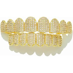 Solid Gold over S925 Sterling Silver 8-Tooth Flat Moissanite Teeth Grillz, Smooth Surface with Stone Setting, Daily Style for