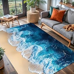 White Blue Waves Ocean Beach Theme Area Rug