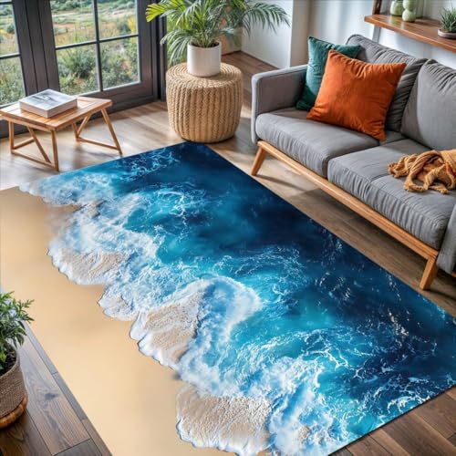 White Blue Waves Ocean Beach Theme Area Rug