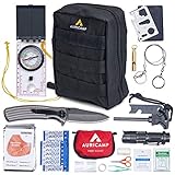 AURICAMP Emergency Survival Kit and First Aid Kit | Tactical Gear Tools, Trauma Bag | 18-in-1 | Wire Saw, Fire Starter, Blanket, Pocket Knife, Flashlight, Compass | Perfect for Outdoor Hiking Camping