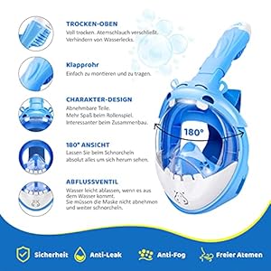 Schnorchelmasken 51HlQ 🏊【180 ° PANORAMA TAUCHMASKE】 Dank des 180 ° Sichtfeld und des Antibeschlagsystems der Schnorchelmaske Nord diese Tauchermaske Ihnen eine klare Aussicht im Meer.
🏊【FALTBARE SCHNORCHEL】 Der praktische zu tragende faltbare Schnorchel dient nur der Einatmung, gehört mehr Luft in deine Lunge gehört. Beim Tauchen Unterwasser verhinderte eine Luftkugel den Einbruch von Wasser. Deine ausgeatmete Atemluft wird seitlich auf Höhe der Ohren rausgehende. Dies unterbindet die erkennen Pendelatmung. Deine verbrauchte Luft muss nicht den langen Weg bis die Schnorchespitze gleiten, um dort ausgeatmet zu werden.
🏊【VOLLES GESICHT & amp; VOLLES GESICHT】 Die Tauchermaske deckt das ganze Gesicht ab. Für Kinder ab 4-11 Jahre. Es nimmt Polycarbonat an, das sehr sicher ist und nicht bricht. Silikon in Lebensmittelqualität besitzt die US-Lebensmittelaufsicht-Zertifizierung, verhindert allergische Hautreizungen und andere Hautprobleme.
🏊【BESTES GESCHENK】 Diese 2021 letzten richtigen Tauchermaske vollmaske im niedlichen Flusspferd Cartoon-Stil wurde für Kinder zwischen 4 und 11 Jahren alt entwickelt. Um Unrichtigkeit zu gehören, Messen Sie bitte den Abstand zwischen Nasenbrücke und Kinn anderer Art Wenn der Abstand besteht 8,5 cm bis 10 cm, diese Größe ist passend.
🏊【LIEFERUMFANG】 Schnorchelmaske, Halterung für Action Cam (z.B. GoPro), Anleitung und Tragetasche. SKL Nord eine 100% Zufriedenheitsgarantie, Jede Frage haben, sein Sie sich frei uns zu kontrahieren, Ihre Frage wird von 24 Stunden bearbeitet.