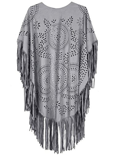 PERSUN Women's Suede Kimono Laser Cut Out Asymmetric Fringed Summer Cover up Cape (Grey)