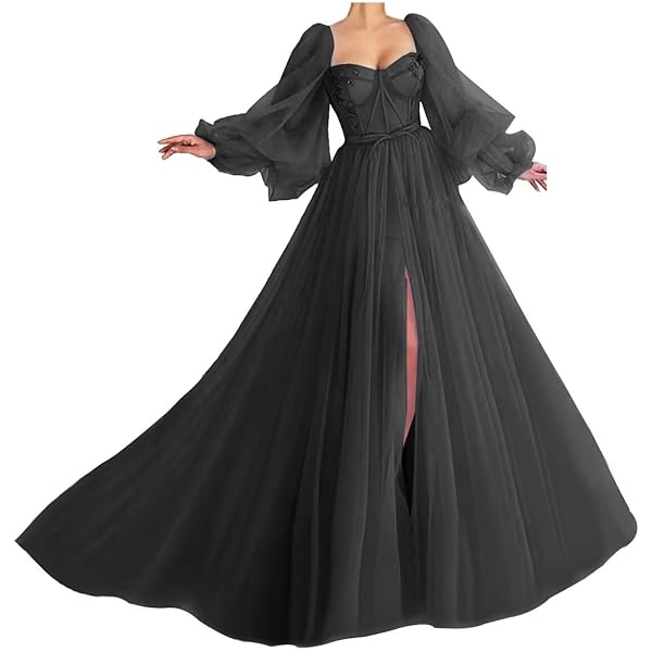 Amazon.com: Vintage Puffy Sleeve Prom Dresses Long Ball Gowns Beaded Satin  Princess Evening Party GownBlackUS0: Clothing, Shoes & Jewelry