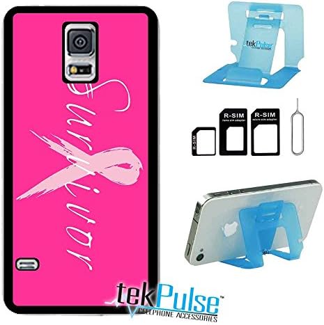 TekPulse (tm) Breast Cancer Survivor Ribbon Real Leather TPU Back Cell Phone Case &amp; Nano Sim Card Adapter &amp; Collapsible Cell Stand - [Bundle Pack 3 pcs] -Direct Print Technology Fits Samsung Galaxy S5