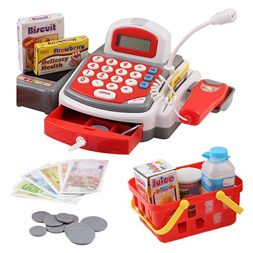 Kids Cash Register Toy Set With Shopping Cart, Play Food & Scanner - Educational Pretend Play Store