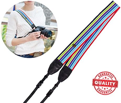 Camera Neck Shoulder Strap Belt for ALL DSLR / SLR (Nikon Canon Sony Olympus Pentax Fujifilm etc) – Cute Design for Men &amp; Women – Adjustable Lanyard - Made of Cloth &amp; Leather - Cold Rainbow Color