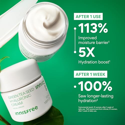 innisfree Green Tea Seed Hyaluronic Acid Cream with Barrier Boosting Complex & Ceramide, Hydrating Korean Face Moisturizer and Balancing Cream