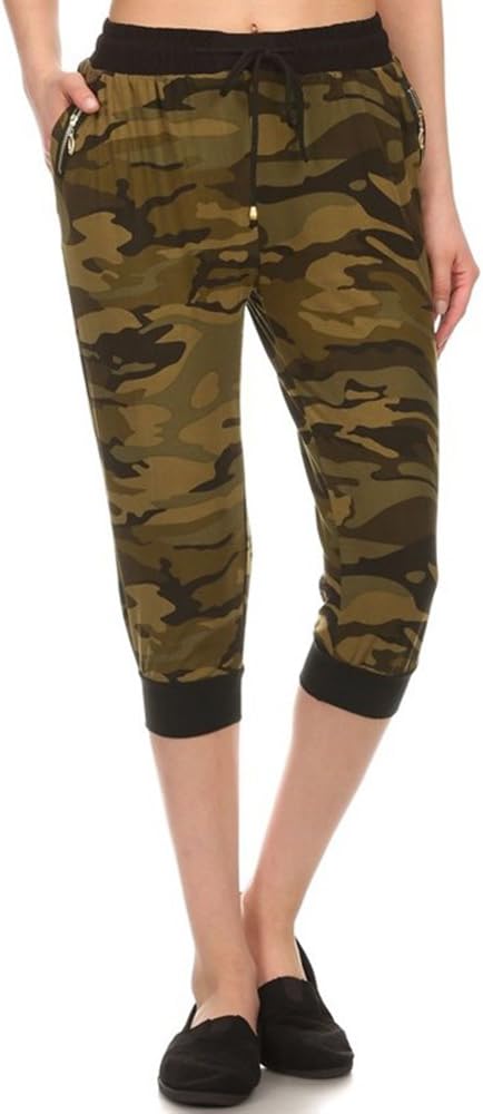 Styleyet Women's Camouflage/Solid Comfy Drawstring Cropped Jogger Capri Pants
