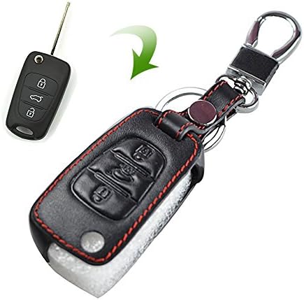 JustMos for KIA RIO Ceed Optima Sportage Rondo Soul Hyundai Accent Elantra Leather Key Case Fob Cover Holder Keyring (Fold Black 1)