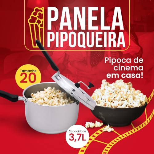 Pipoqueira de Alumínio, Panela para Pipoca com Manivela 3,7L, Tampa Articulada, Alças Resistentes ao Calor