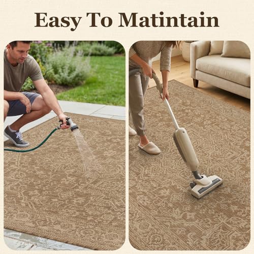Outdoor Rug-Patio Rug Polypropylene Indoor Outdoor Carpet 7.9x10ft Porch Balcony Carpets Garden Deck Mat Easy Clean Non Slip Light Weight Vintage Outdoor Area Rug Retro Brown