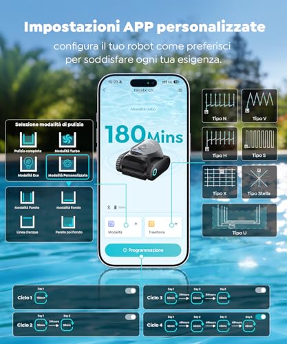 TALOSBO C1 Robot Pool Walls and Bottoms, Double Filter, Autonomy 170-180 min, 3 Motors, Powerful Suction, App Control, Pool Vacuum Up to 150 m²
