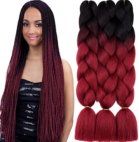 5 Pcs Ombre Braiding Hair Extensions 24 inch Jumbo Braids Synthetic Kanekalon Fiber Hair Two Tone For Twist Braiding hair 100g/Pcs (24 inch, Black/Wine Red)