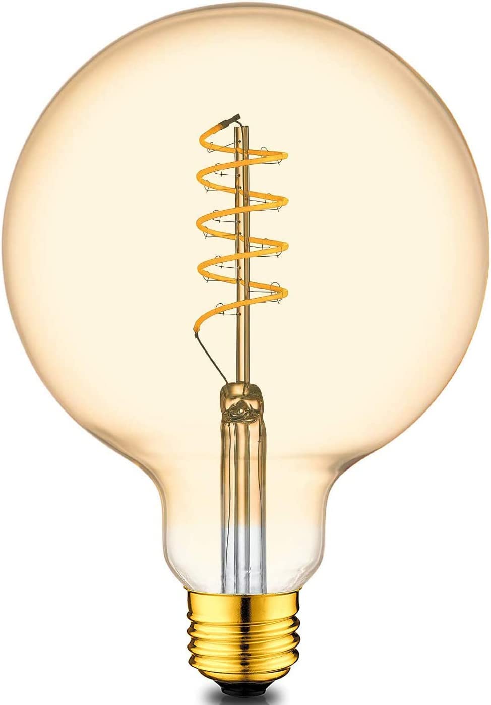 Vintage Edison Light Bulb, G95 Globe Curved Spiral Filament LED Bulb E27 Screw Base 4W (40W Replacement) 350LM 2200K Retro Antique Old Fashioned Style Flicker-Free - 1 Pack Amber Glass Gold Tinted