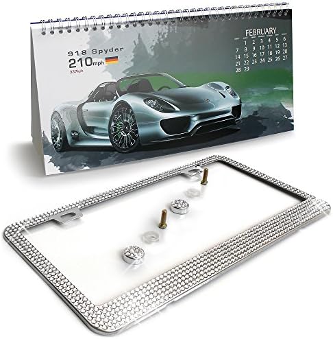 Crystal Clear Rhinestone Bling License Plate Frame with Bonus 2016 Calendar by Royal Hold. Includes Screw Set. Rustproof Stainless Steel, Coated in Chrome.