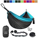 Gold Armour Camping Hammock - XL Double Parachute Camping Hammock (2 Tree Straps 16 LOOPS/10 FT Included) Lightweight Nylon Portable Hammock, Best Parachute Double Hammock (Gray/Sky Blue)