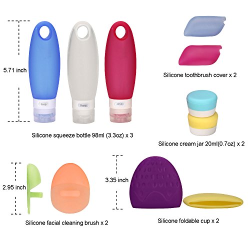 FantasyDay 11 Pack Gift Set Leak-proof Travel Bottle Set, Silicone Cosmetic Containers Set Inlcudes Cream Jar, Foldable Cup, Toothbrush Cover and Silicone Cleaning Brush - Perfect Travel Toiletry Bag