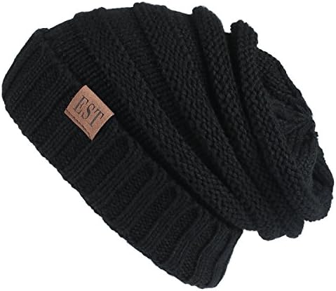 Eternities Unisex Trendy Warm Chunky Soft Stretch Cable Thick Knit Slouchy Beanie Skull Cap Hat, Black, One Size