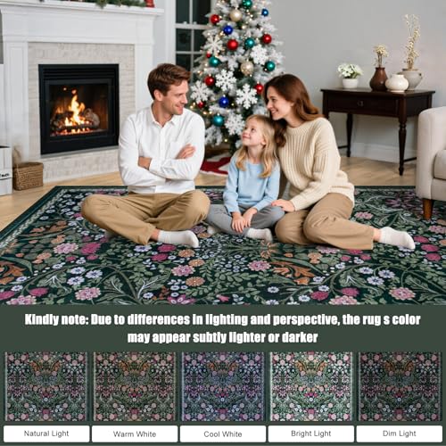 8x10 Area Rugs for Living Room: Floral Washable Rug Vintage Large Soft Boho Non-Slip Carpet Indoor Floor Stain Resistant Carpets for Bedroom Dining Room Farmhouse Nursery Home Office Dark Green