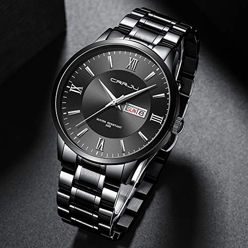 CRRJU Luxury Men\'s Waterproof Quartz Watches,Elegant Calendar Men Dress Watches,Black Stainless Steel Solid Band Watch