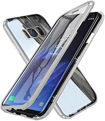 Oihxsetx Compatible for Galaxy A7 2018 Magnetic Adsorption Double Side Tempered Glass Case,Ultra-Thin Magnetic Metal Frame Full Body Protection Cover Support Wireless Charging -Silver