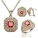 [Costume Jewelry] Yoursfs Indian Luxury Jewelry Sets,18K Rose Gold Plated Bling Cocktail Jewelry,Square Red Crystal Pendant Necklace & Earrings & Halo Rings,Wedding Beautiful Jewelry Sets for Bride