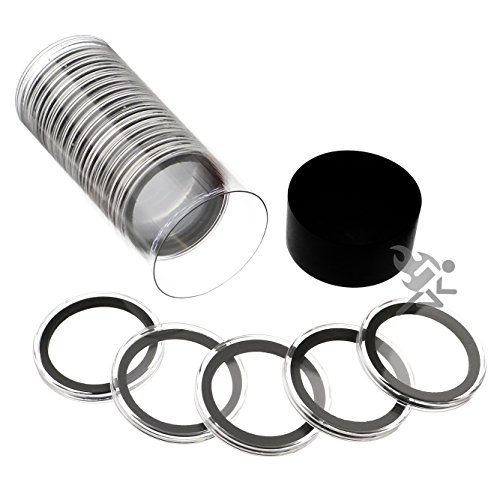 Black Lid Capsule Tube & 20 Air-Tite 39mm Black Ring Coin Holders for 1oz Silver Rounds