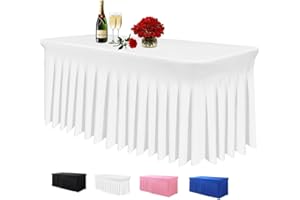 Albassa Table Skirts for Rectangle Tables 6ft, Spandex Table Covers for 6 Foot Tables, Wrinkle Resistant Ruffles Elastic Table Cloths for Banquets, Weddings, Parties(White, 6ft 1Pack)