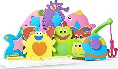 Bath Toys for Toddlers-The Biggest Educational Foam Geometrical Figures for Baby with Mesh Bag Organizer as a Bonus-8 Animals Puzzles with Geometric Shapes(16 items)-Safe Convenient and Easy for Kids