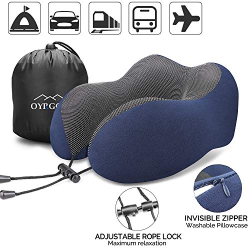 OYRGCIK Travel Pillow, 100% Pure Memory Foam Neck Pillow, Soft & Breathable Cotton Cover, Machine Washable Airplane Travel Kit U Shaped Pillow with 3D Contoured Eye Mask, Earplugs, Travel Bag, Blue
