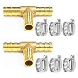 Da by 2 pcs 3/8" ID Brass Hose Barb Fittings,6 pcs Stainless Steel Pipe Clamps,T Shaped 3 Way Union Intersection for Water/Fuel/Air