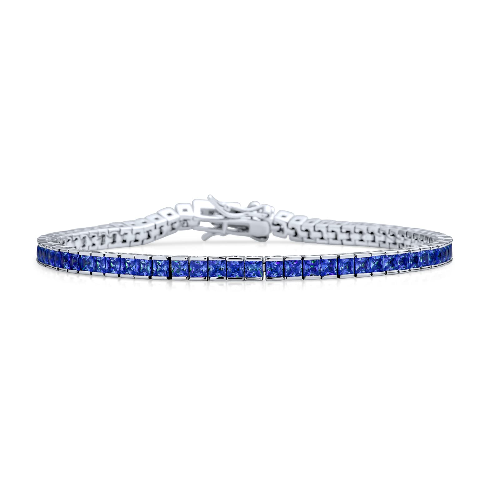 Bling Jewelry Bridal Simple Classic Cubic Zirconia Square Simulated Royal Blue Sapphire Brilliant Princess Cut AAA CZ Tennis Bracelet For Women For Prom .925 Sterling Silver