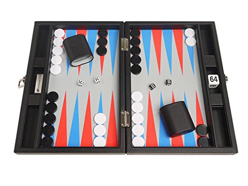 13-inch Premium Backgammon Set - Travel Size - Black Board, Scarlet Red and Patriot Blue Points