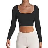 CUHUDA Women's Basic Long Sleeve Square Neck Crop Top Double Lined Slim Fit T-Shirt