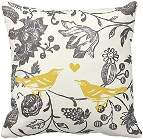 YBbeautiful Chic Yellow and Gray Vintage Flower and Bird Pattern Throw Pillows Decorative Throw Pillowcase Cushion Cover Square Cushion Cover for Home or Sofa 18 x 18 Inch One Side