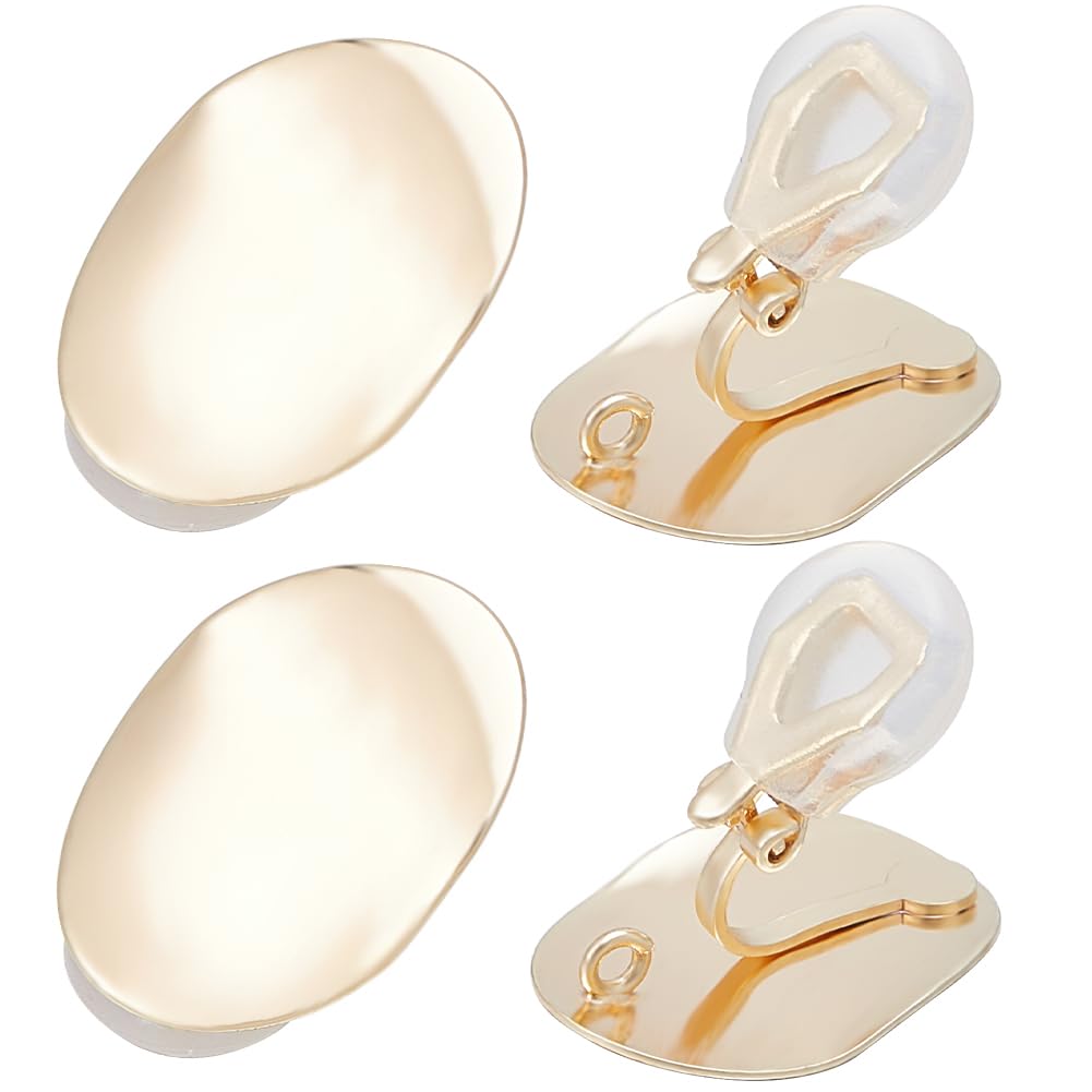 Beebeecraft 1 Box 10Pcs Non-Pierced Earring Findings 18K Gold Plated Smooth Round Flat Back Tray Clip-on Earrings with Open Loop and 10Pcs Earring Pads for DIY Earring Making Jewellery Hole 2mm