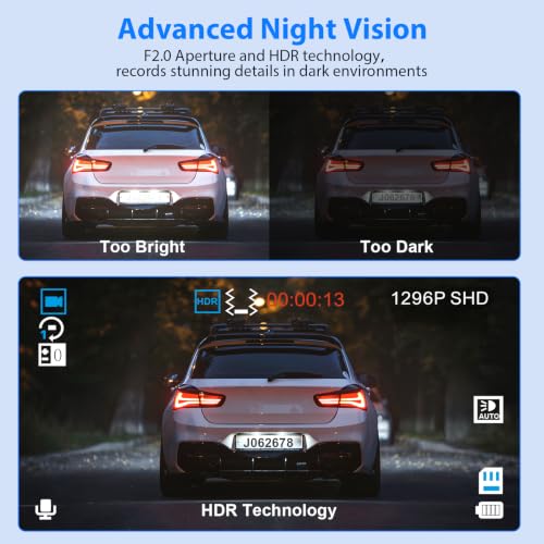Dash Cam Front and Rear, 1296P Dash Camera for Cars, 3 Channel Car Camera Front Rear and Inside with 32GB Card, Loop Recording, Night Vision, HDR, 24Hr Parking, G-Sensor