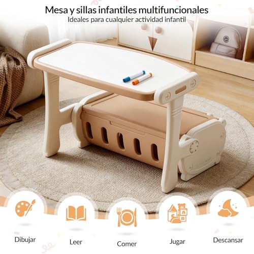 Mesa Multifuncional Para NiñOs,Convertible En Banco Y Caja De Almacenamiento,Mesa De Juguete Con Tablero De Dibujo,Incluye 20 Plantillas de Dibujo,Para Jugar, Dibujar Y Organizar Juguetes En El Hogar